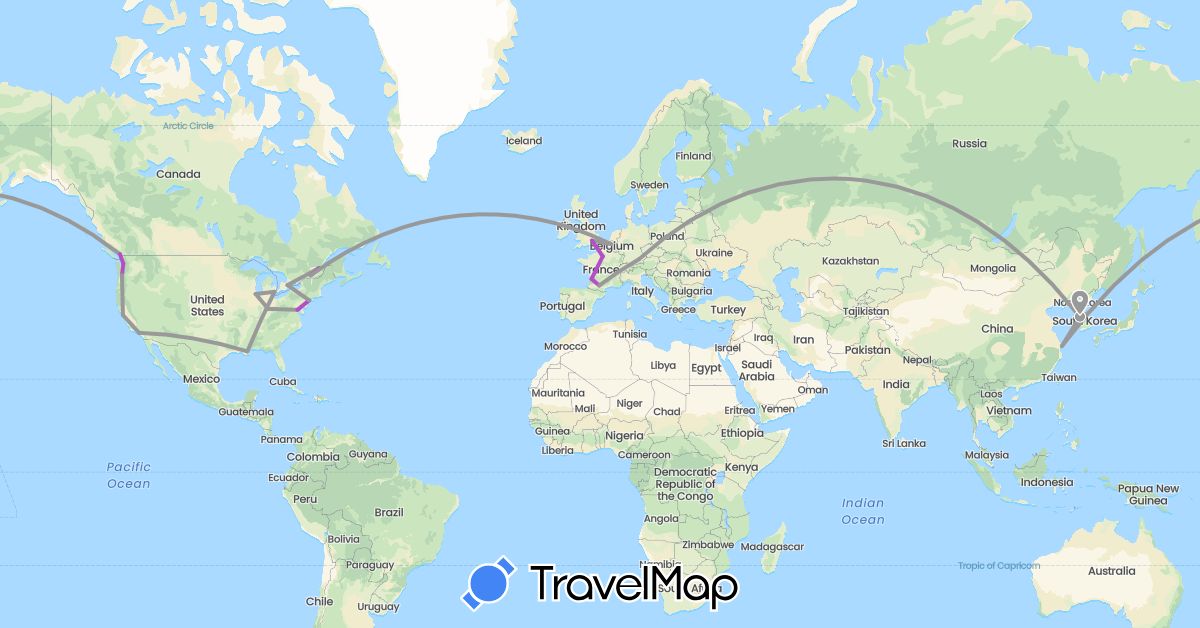 TravelMap itinerary: driving, plane, train in Belgium, Canada, China, Germany, France, United Kingdom, South Korea, United States (Asia, Europe, North America)