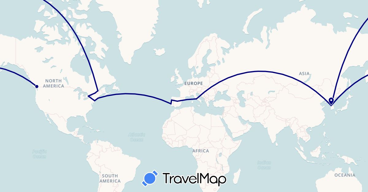 TravelMap itinerary: driving in Canada, Spain, Italy, South Korea, Portugal, United States (Asia, Europe, North America)